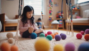 Autism With Pediatric Occupational Therapy. A young girl sits on the floor, immersed in play with a collection of brightly colored balls. Her joyful expression reflects the sensory delight of interacting with vibrant hues. 