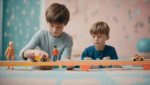 Two young boys play together, engrossed in the collaborative exploration of a wooden car track. The image captures their shared enthusiasm as they navigate the intricacies of the track, fostering teamwork and friendship.