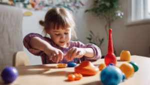 A young girl sits with focused attention, captivated by the exploration of brightly colored plastic rings of various sizes. Engaged in tactile play, she carefully examines and interacts with the vibrant assortment of rings. 