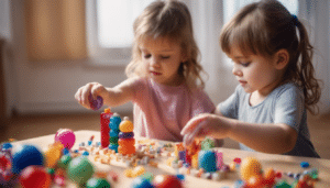  Two young girls enthusiastically engage in play at a table, surrounded by an assortment of brightly colored blocks. Their expressions radiate joy and collaboration as they build and create together. The image captures a dynamic scene of shared exploration, showcasing the vibrant colors of the blocks and the cooperative nature of their play. 