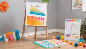 a chart with colorful progress bars, a calendar with stickers, adaptable sensory toys