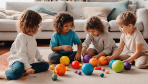 children engaging in a home-based sensory integration activity: sorting colored balls