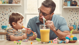 A boy and his Dad enjoying time playing with a straw