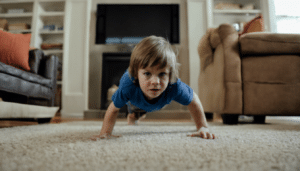 A young boy doing a bear crawl in his living room