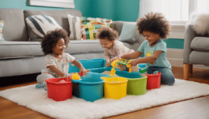 A children engaging in tactile play with various textures, such as a sandbox, water table, and fluffy blankets at home