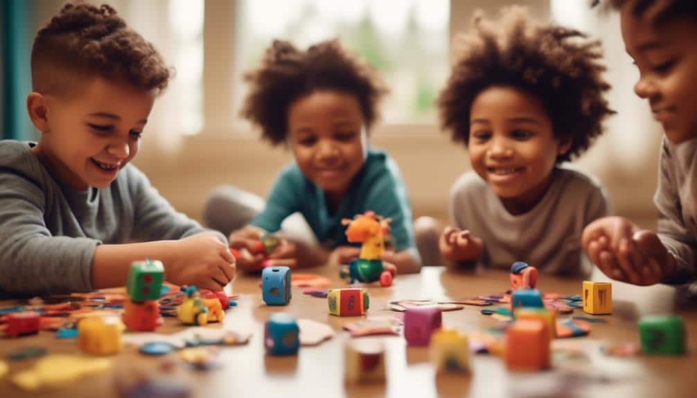 A heartening moment as four children play together, creating small structures with brightly colored blocks. The atmosphere is filled with joy and camaraderie, as each child takes pleasure in the successes of their peers, fostering a collaborative and supportive play environment.