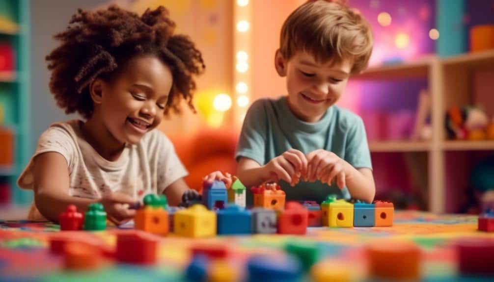 A heartwarming image of a four-year-old girl and boy sharing joyful moments while playing with colorful blocks on a table. Their smiles radiate happiness as they engage in play, thoroughly enjoying both the tactile experience of the blocks and each other's delightful company.