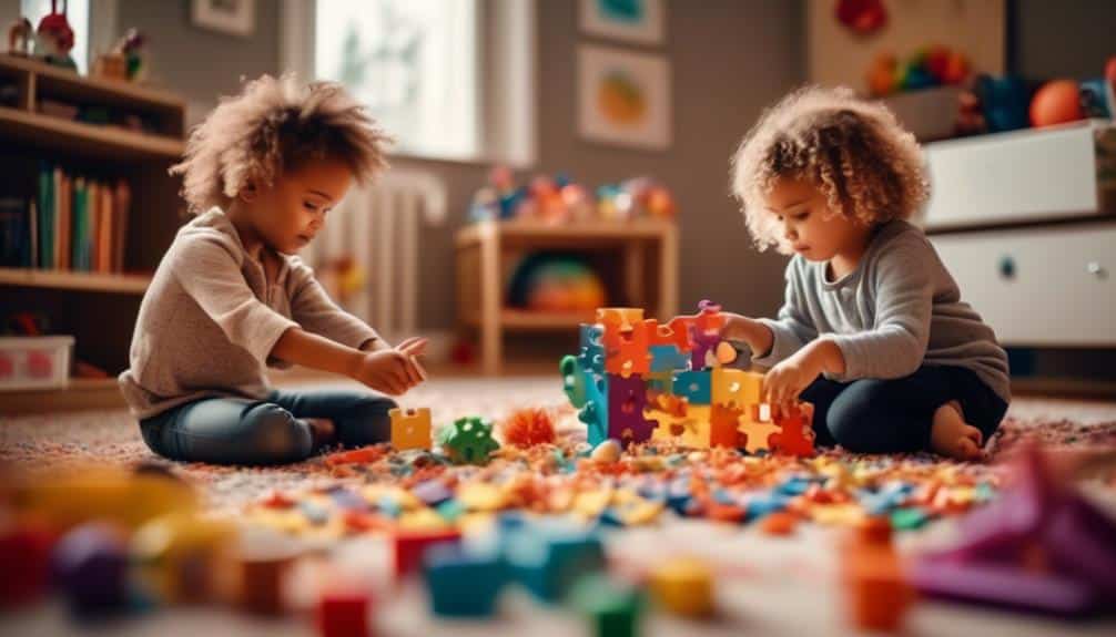 Two 3-year-old children engaged in DIRfloortime intervention, playing on the floor with colorful foam puzzle pieces scattered around them. The children are immersed in interactive play, fostering social and developmental skills through this therapeutic approach for maximizing autism outcomes.