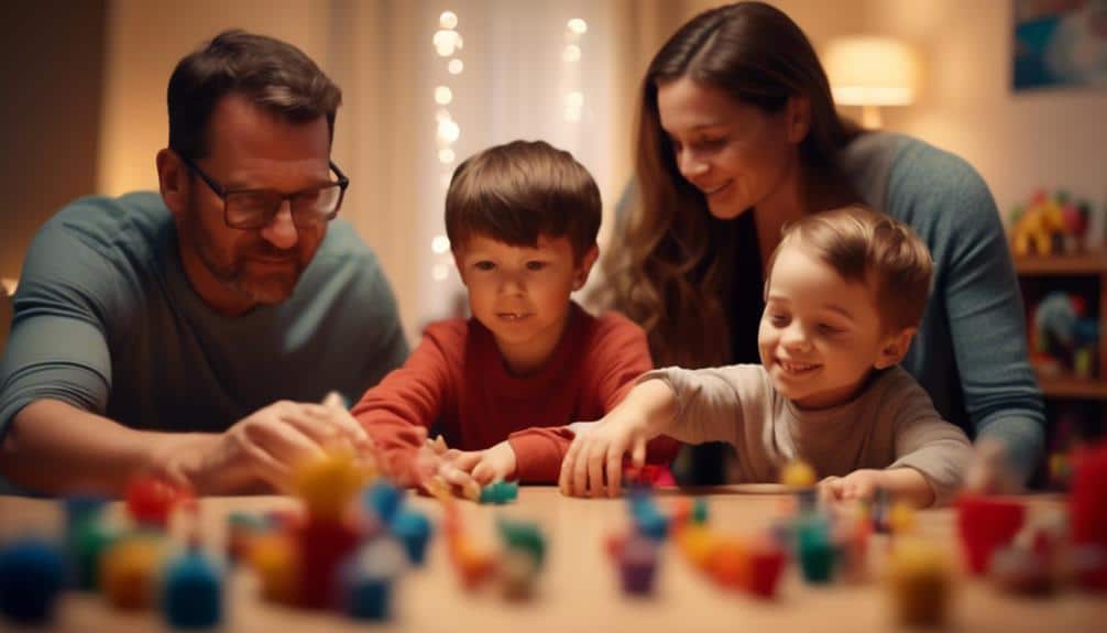 A joyful family scene with Mom and Dad fully engaged, sitting together as they happily allow their two children to take the lead in play. Colorful blocks are scattered around, creating a vibrant and interactive environment that fosters family bonding and shared moments of joy.