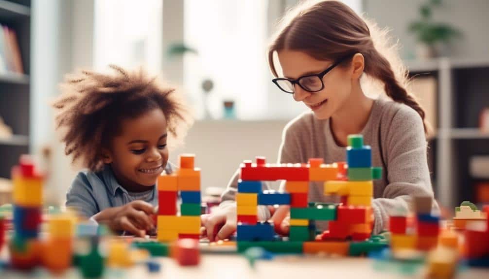 Older child and younger child engaged in autism therapy using the DIRFloortime method with giant LEGO bricks.