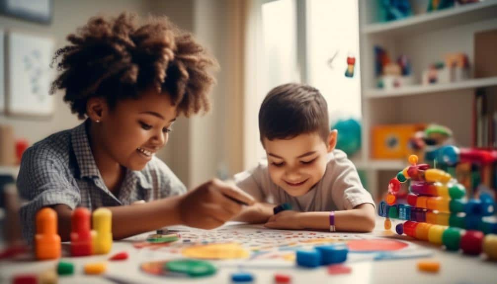 A delightful scene capturing a 7-year-old girl and a 5-year-old boy having fun while playing a board game together on a table. Their faces light up with joy as they engage in the game, fostering shared laughter and positive interactions.