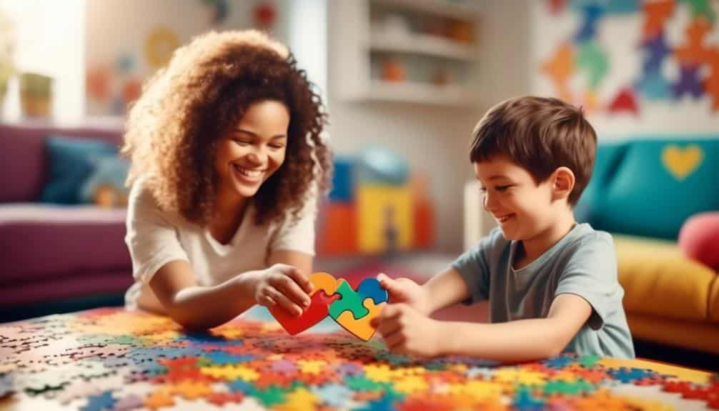 Older girl participating in DIRFloortime session, playing with younger boy using giant puzzle pieces