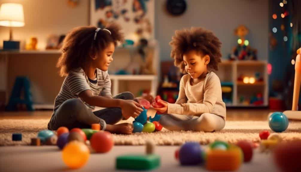 Two cheerful 4-year-old African American girls sitting on the floor, surrounded by vibrant balls and blocks. Engaged in collaborative play, they eagerly share their progress as they work together to assemble the colorful pieces, fostering teamwork and social interaction.