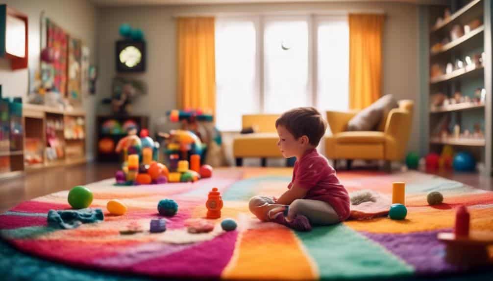 A curious 2-and-a-half-year-old boy seated on a vibrant rug during a therapy session. He gazes attentively at an array of small, brightly colored, and differently shaped toys, contemplating where to begin his play. The colorful environment and engaging toys contribute to a stimulating therapeutic setting.